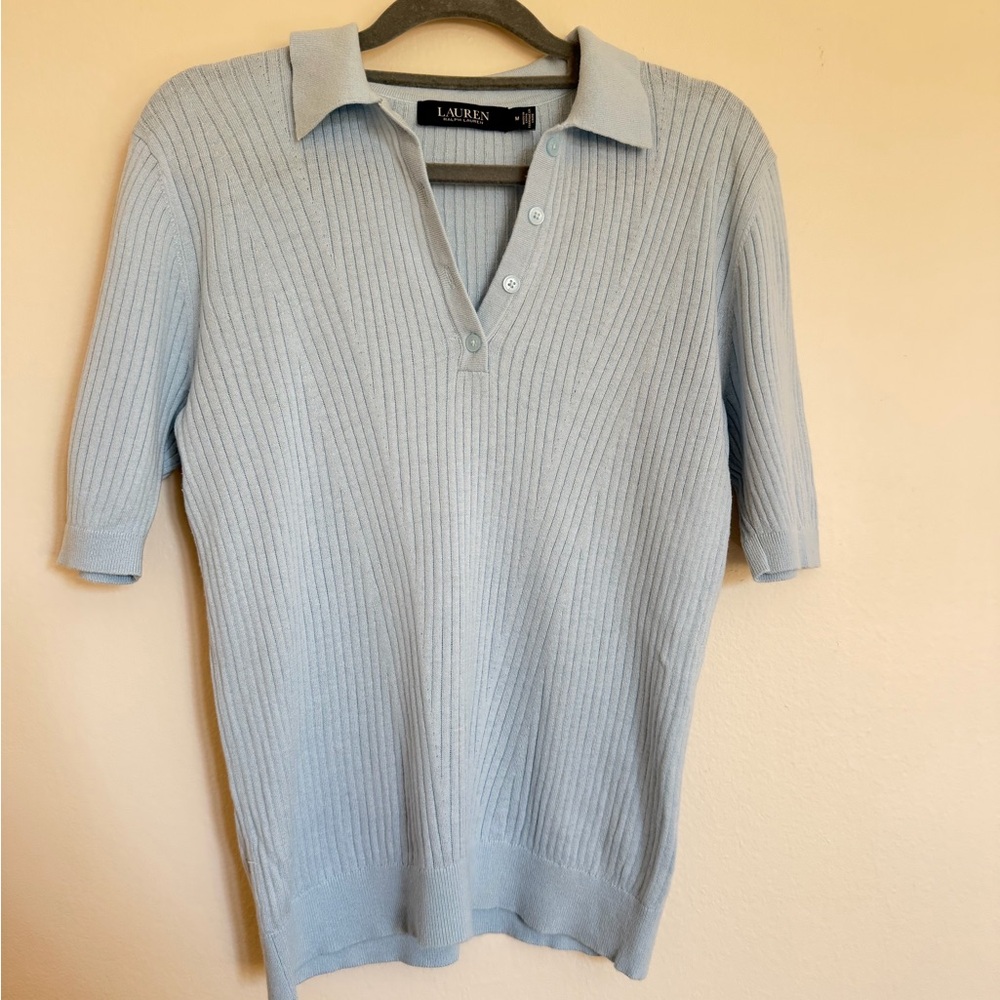LAUREN Ralph Lauren Baby Blue Ribbed Knit Polo Sweater Top - Size M
